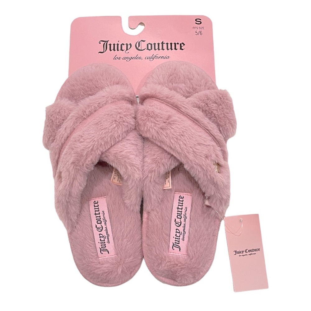 NEW Juicy Couture Womens Fur Criss Cross Slide Slippers Mauve‎ Pink Small 5-6